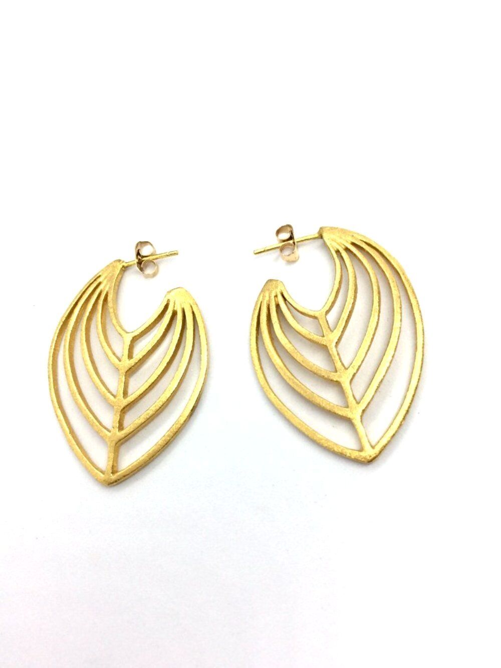 VINTAGE LEAF EARRINGS Gold Tone Openwork Pierced Hoop Statement 2 Inch